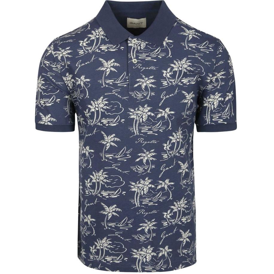 Gant Poloshirt Palm Print Dusty Navy Blauw