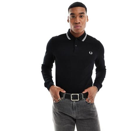 Fred Perry - Poloshirt met lange mouwen en dubbel streepje in zwart