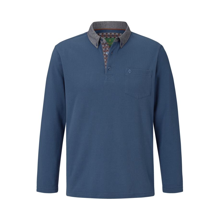 Charles Colby Poloshirt lange mouw blauw, Effen Blauw