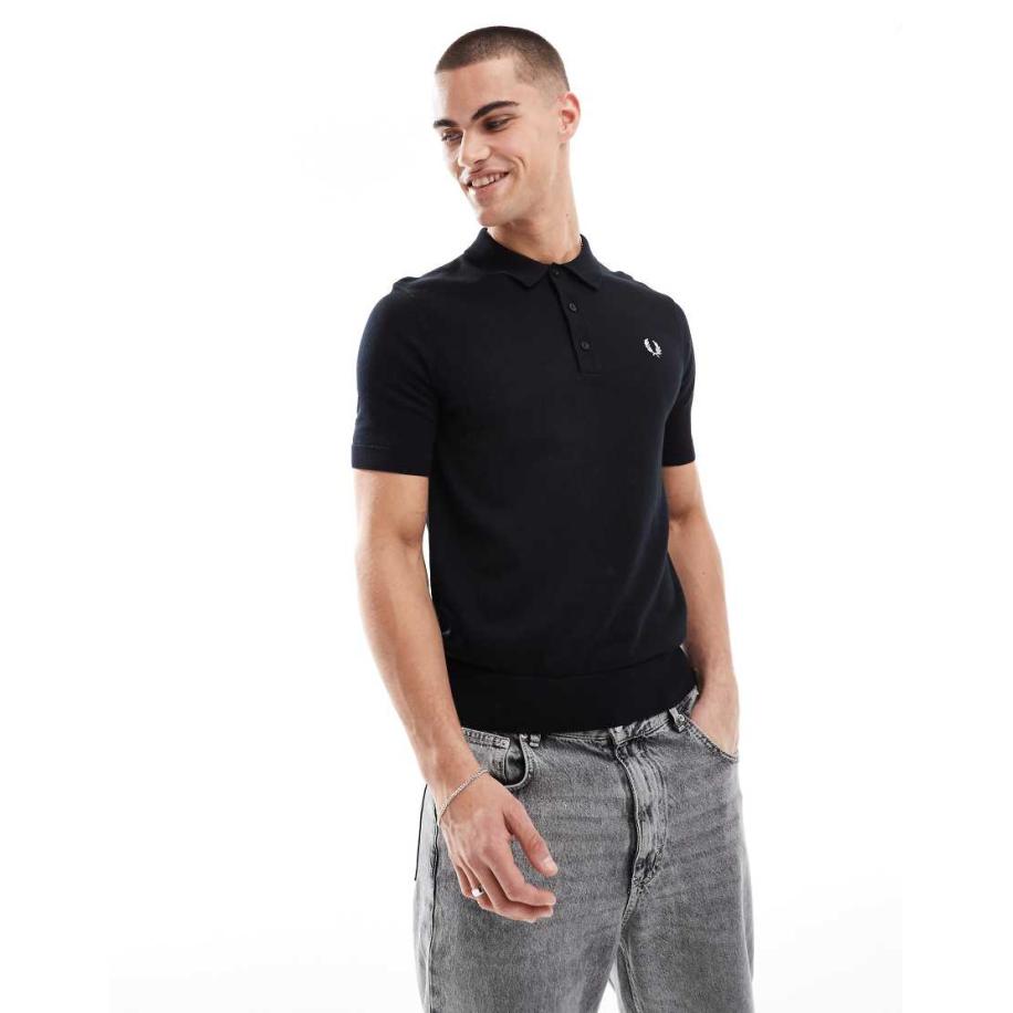 Fred Perry - Gebreide polo met korte mouwen in zwart Zwart