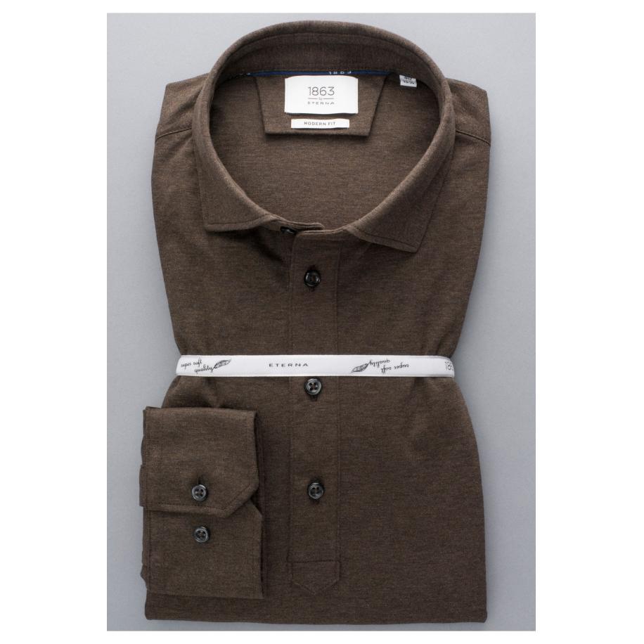 ETERNA 1863 Poloshirt lange mouw donkerbruin, Effen Bruin