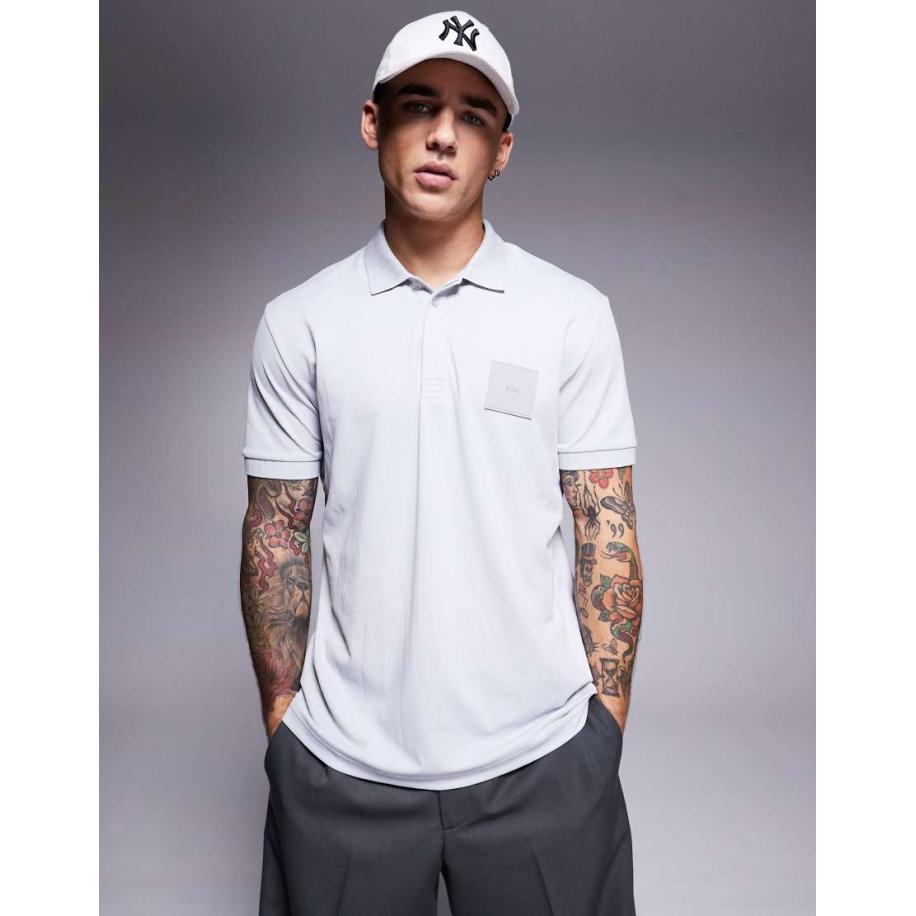 BOSS Green - Paddy DropNeedle - Regular-fit piqué polo met omkaderd logo in lichtgrijs Grijs