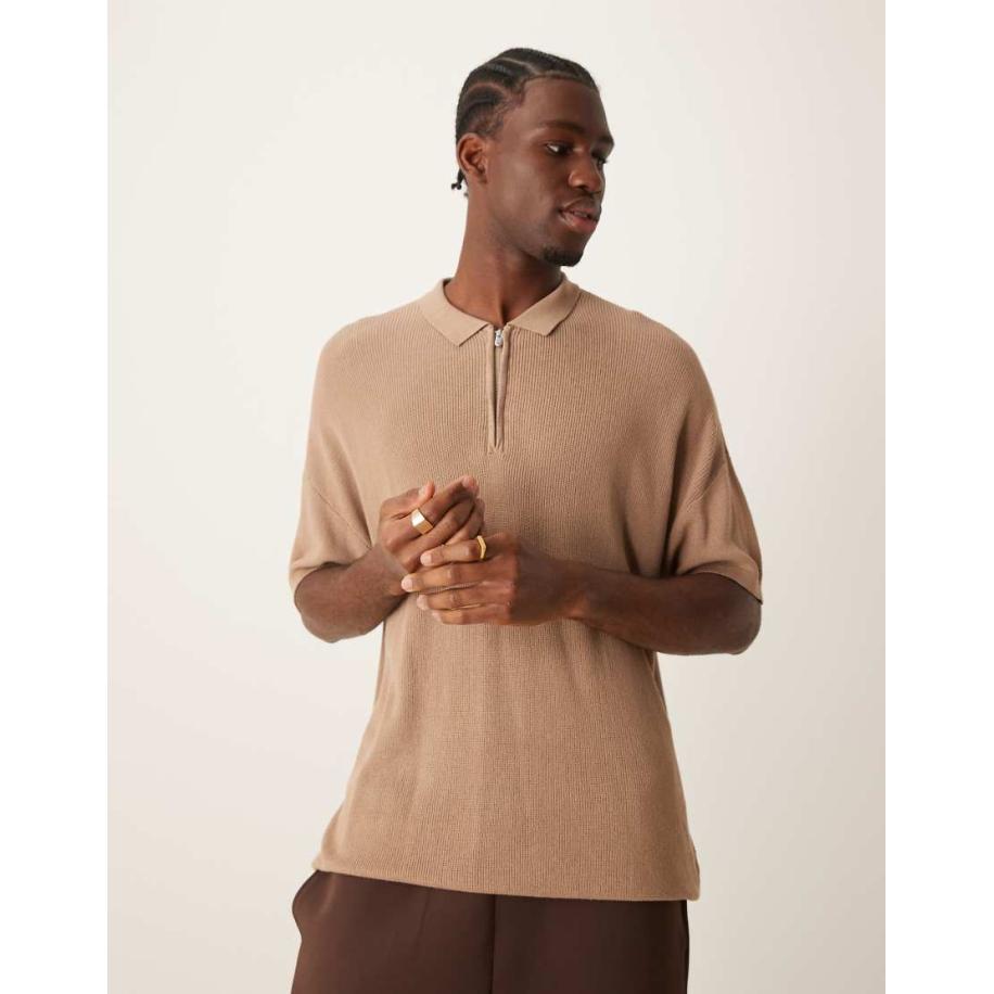 New Look - Polo met korte mouwen en 1/4 rits in camel-Neutraal Multicolor