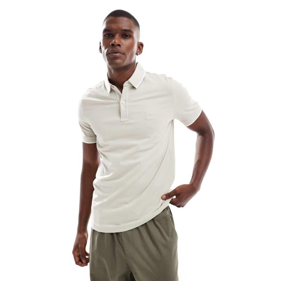 BOSS Orange - Passertip - Slim-fit piqué polo met een gekleurd randje en icoonlogo in lichtbeige-Neutraal Multicolor
