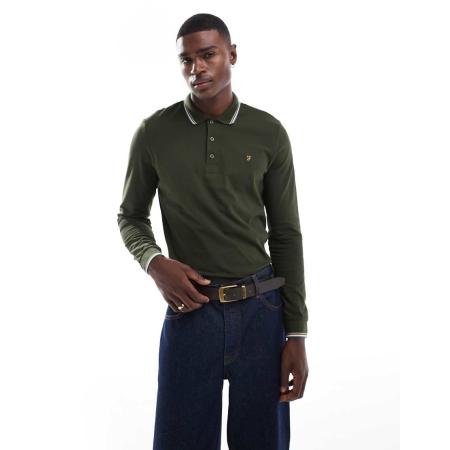Farah - Alvin - Polo met lange mouwen en gekleurd randje in kaki-Groen