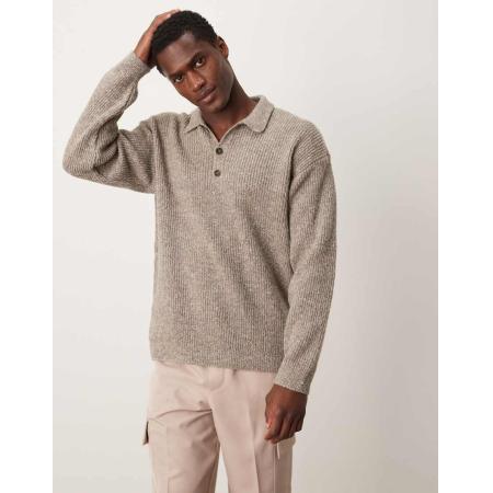 New Look - Gebreide polo met kraag in stone-Neutraal