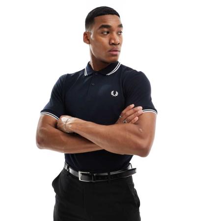 Fred Perry - Polo met logo en dubbel gekleurd randje in marineblauw en wit