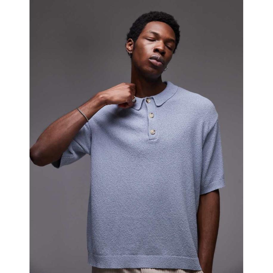 Topman - Gebreid bouclé overhemd met knoopsluiting in blauw Blauw