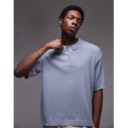 Topman - Gebreid bouclé overhemd met knoopsluiting in blauw