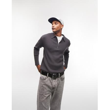 Topman - Gebreide geribbelde polo in antraciet-Grijs