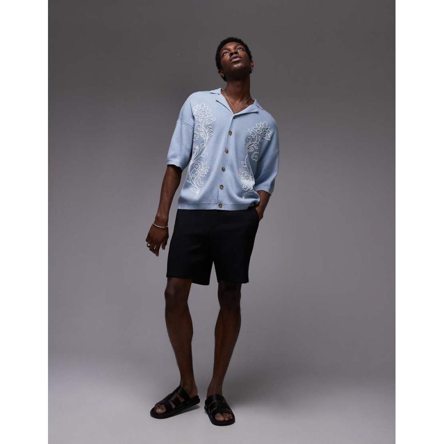 Topman - Polo met reverskraag en dubbele bloemenborduursels in blauw Blauw