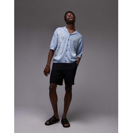 Topman - Polo met reverskraag en dubbele bloemenborduursels in blauw