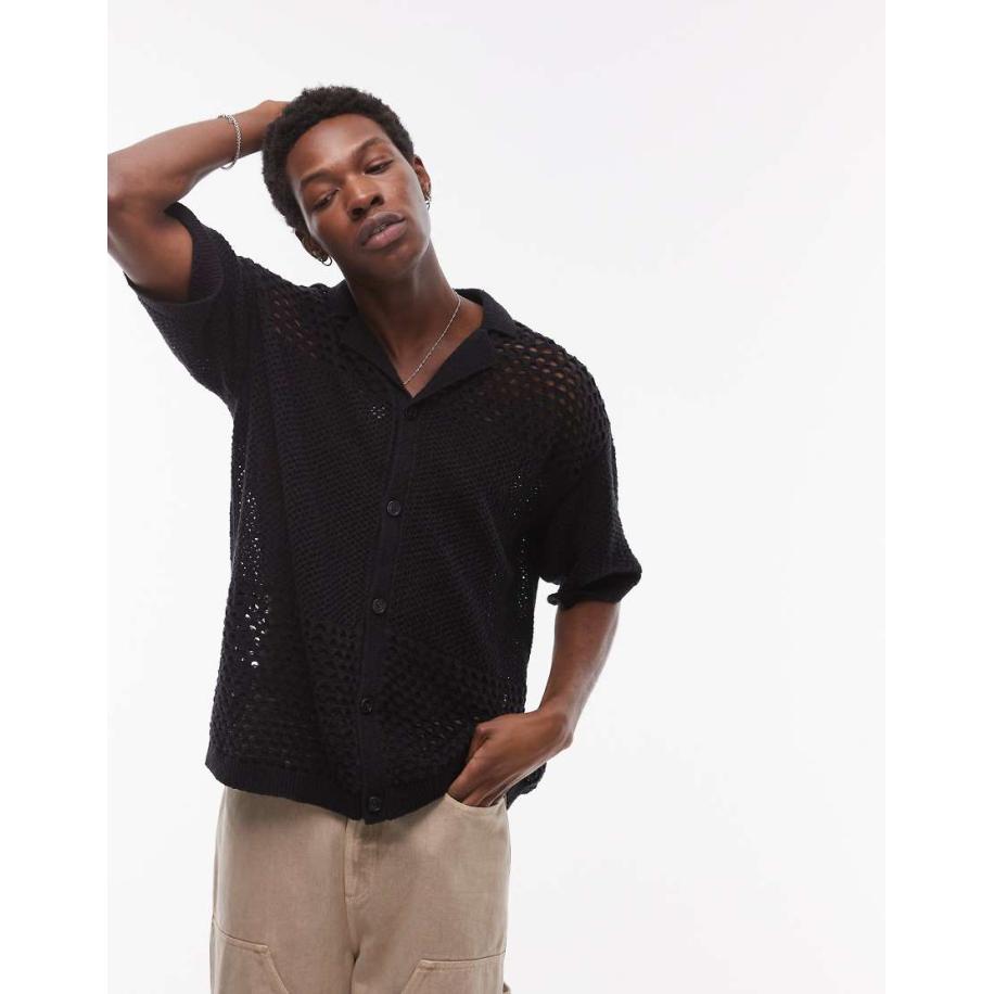 Topman - Polo met opengebreid patroon in zwart Zwart