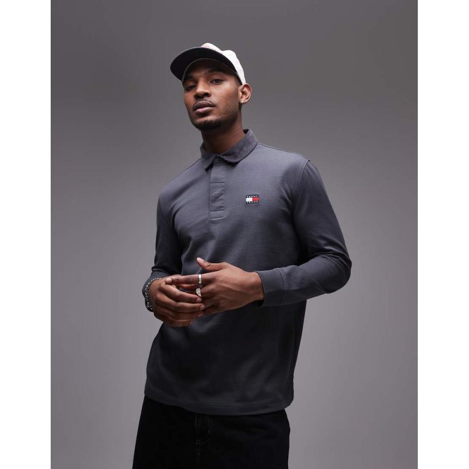 Tommy Jeans - Rugbytop met kraagje van corduroy in donkergrijs-Zwart Zwart