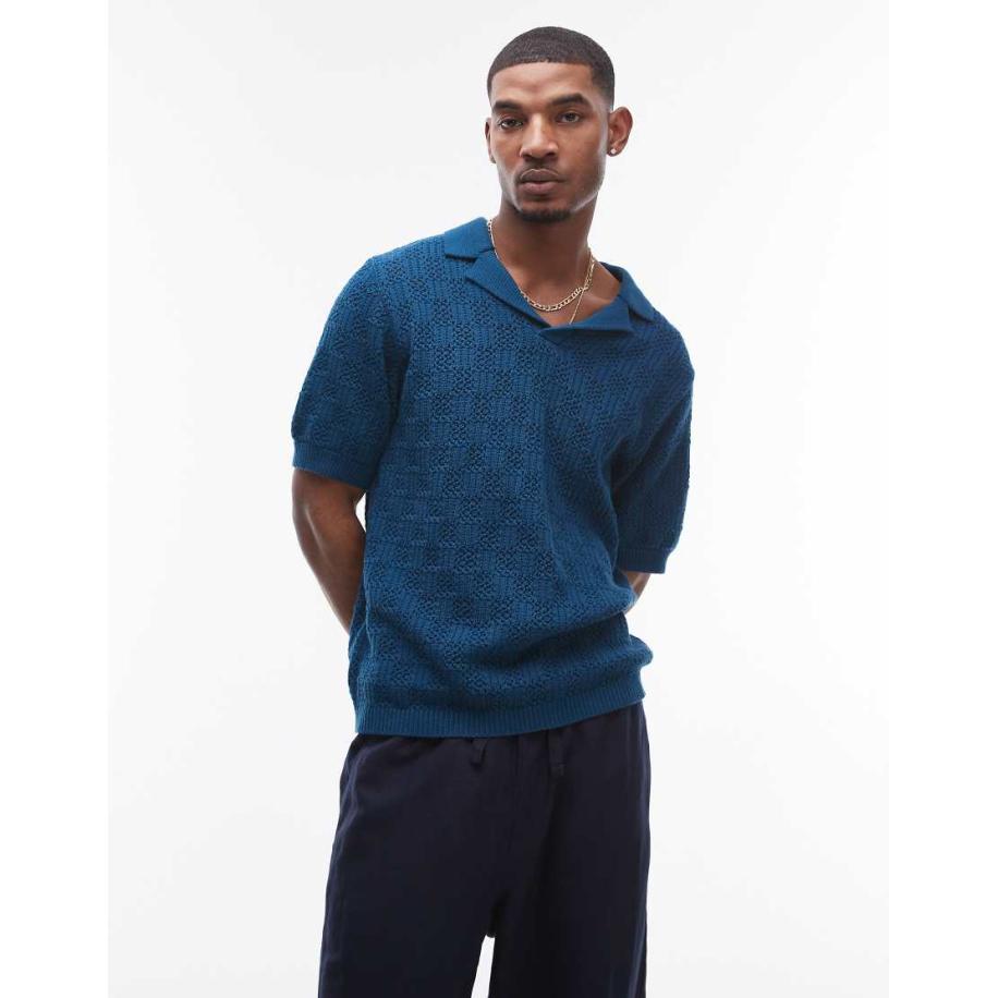 Topman - Gehaakte polo met patroon in blauw Blauw