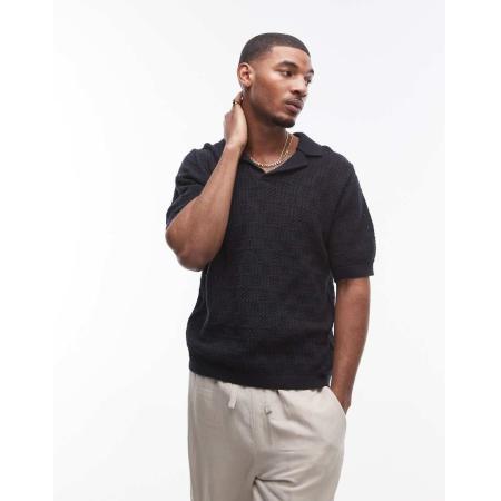 Topman - Gehaakte polo met patroon in zwart