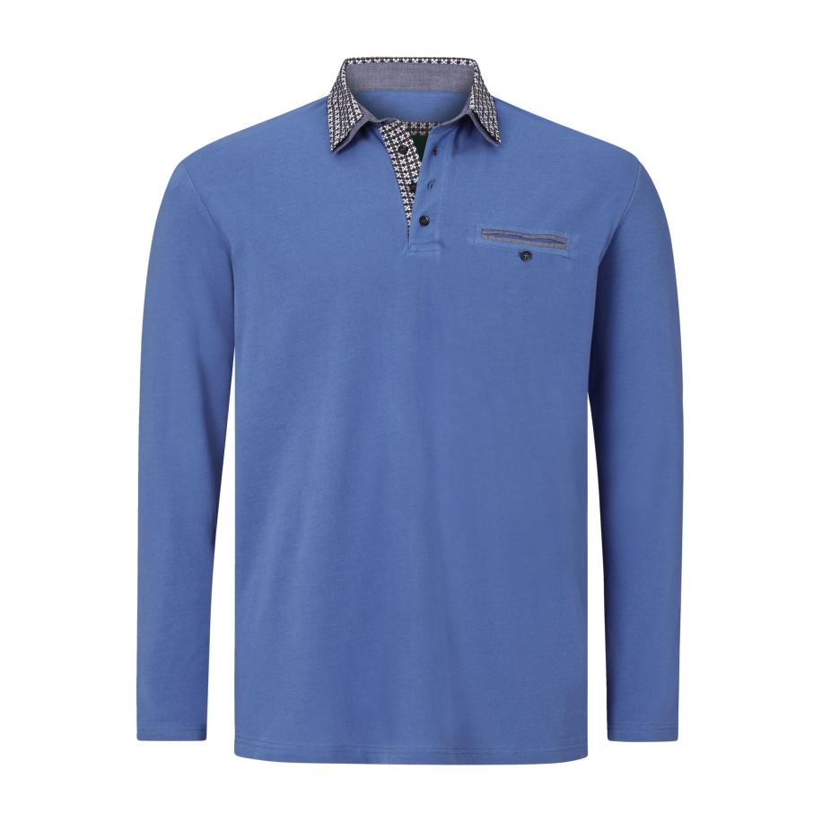 Charles Colby Poloshirt lange mouw blauw, Effen Blauw