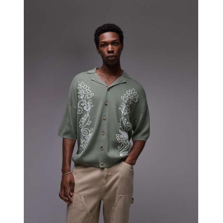 Topman - Polo met reverskraag en dubbele bloemenborduursels in saliegroen