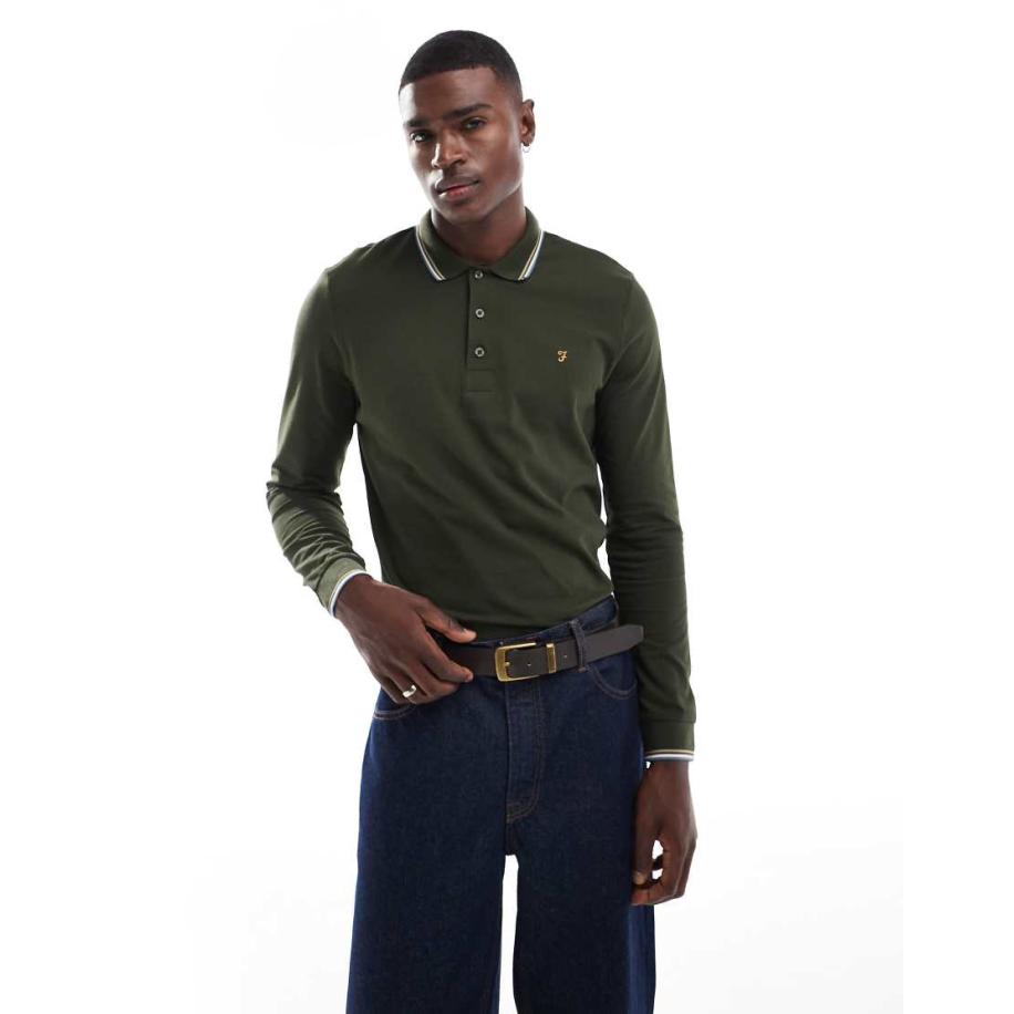 Farah - Alvin - Polo met lange mouwen en gekleurd randje in kaki-Groen Groen