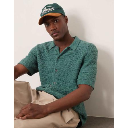 Abercrombie & Fitch - Gehaakte polo met korte mouwen en knoopsluiting in donkergroen