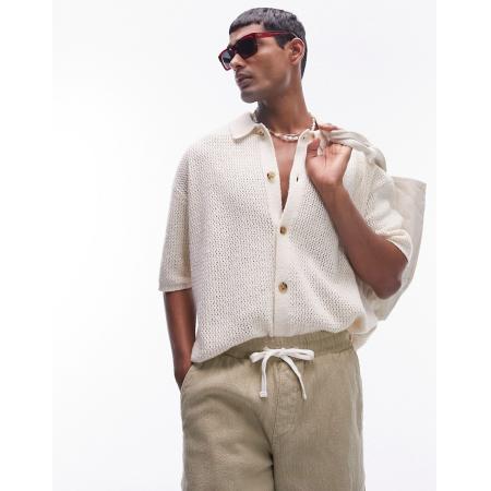 Topman - Gehaakt overhemd met knopen in ecru-Groen