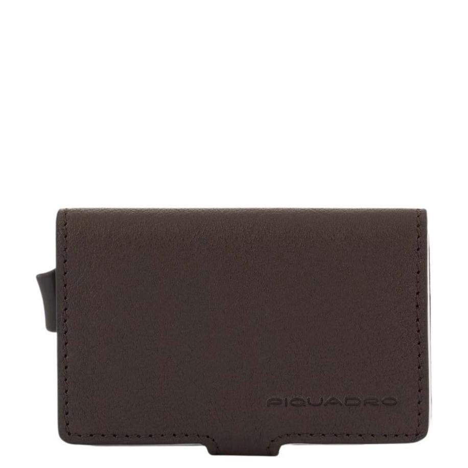 Piquadro Black Square Credit Card Holder Case Metal dark brown Bruin