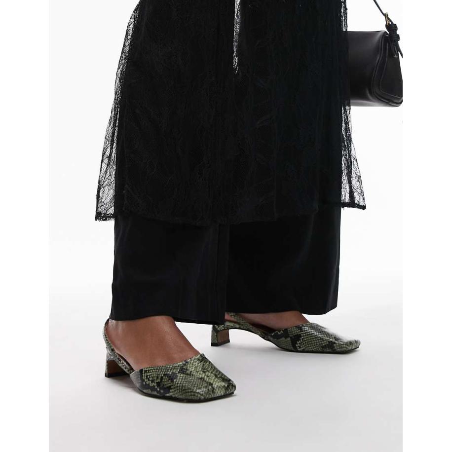 Topshop Diana Schoenen met halfhoge hak, slangenprint en vierkante neus in kaki-Groen Groen