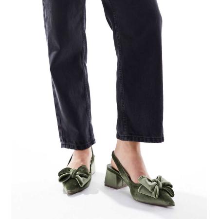 ASOS DESIGN Symphony Slingback-schoenen met halfhoge blokhak, strik en brede pasvorm in saliegroen fluweel
