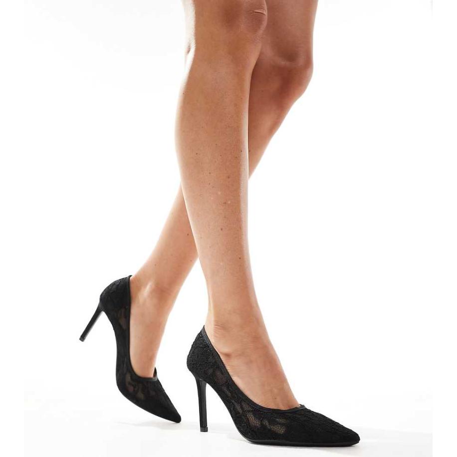 SEQWL Puntige pumps met brede pasvorm en naaldhak in zwart kant Zwart
