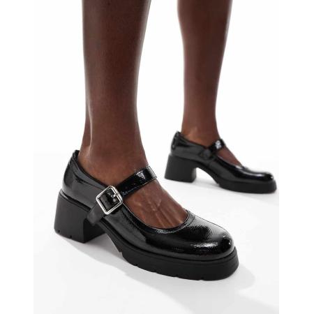 ASOS DESIGN Saxton Mary Jane schoenen met hak en dikke zool in zwart lakleer