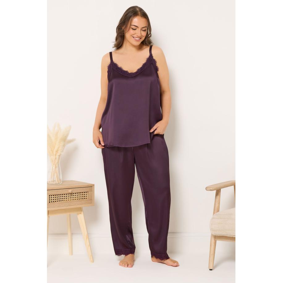 Yours Curve Bordeauxrode Satijnen Kanten Cami Pyjamaset Size 66-68 Rood