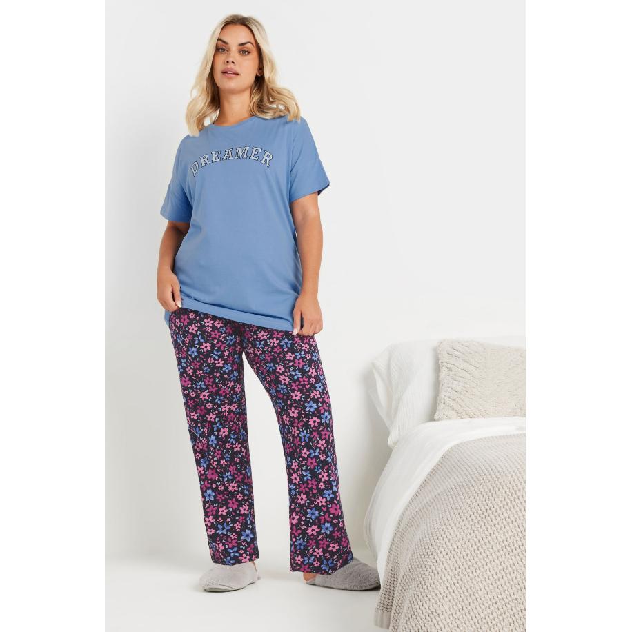 Yours Pyjamabroek Met Wijde Pijpen En Bloemenmotief In Donkerblauw/Roze Size 66-68 Blauw