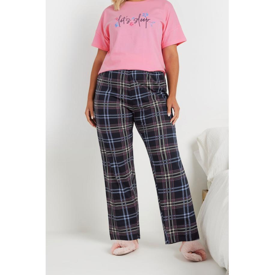 Yours Pyjamabroek Met Wijde Pijpen En Ruitenprint In Donkerblauw Size 66-68 Blauw