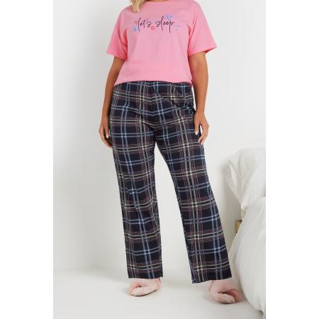 Yours Pyjamabroek Met Wijde Pijpen En Ruitenprint In Donkerblauw Size 66-68