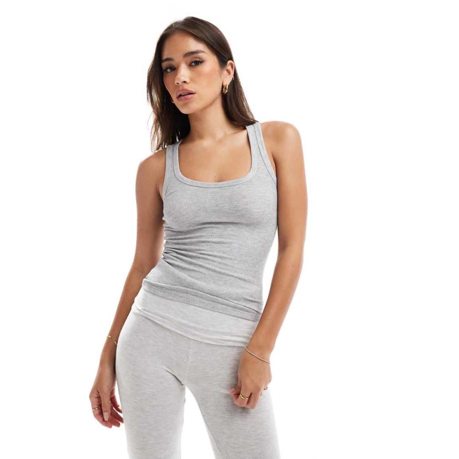 Cotton On Sleep Recovery Geribbeld pyjamahemdje met racerhals in grijs Grijs