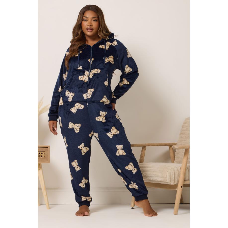 Yours Curve Marineblauwe Teddybeerprint Onesie Size 58-60 Blauw