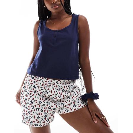 ASOS DESIGN Mix en match Henley pyjamhemdje with scrunchie in marineblauw