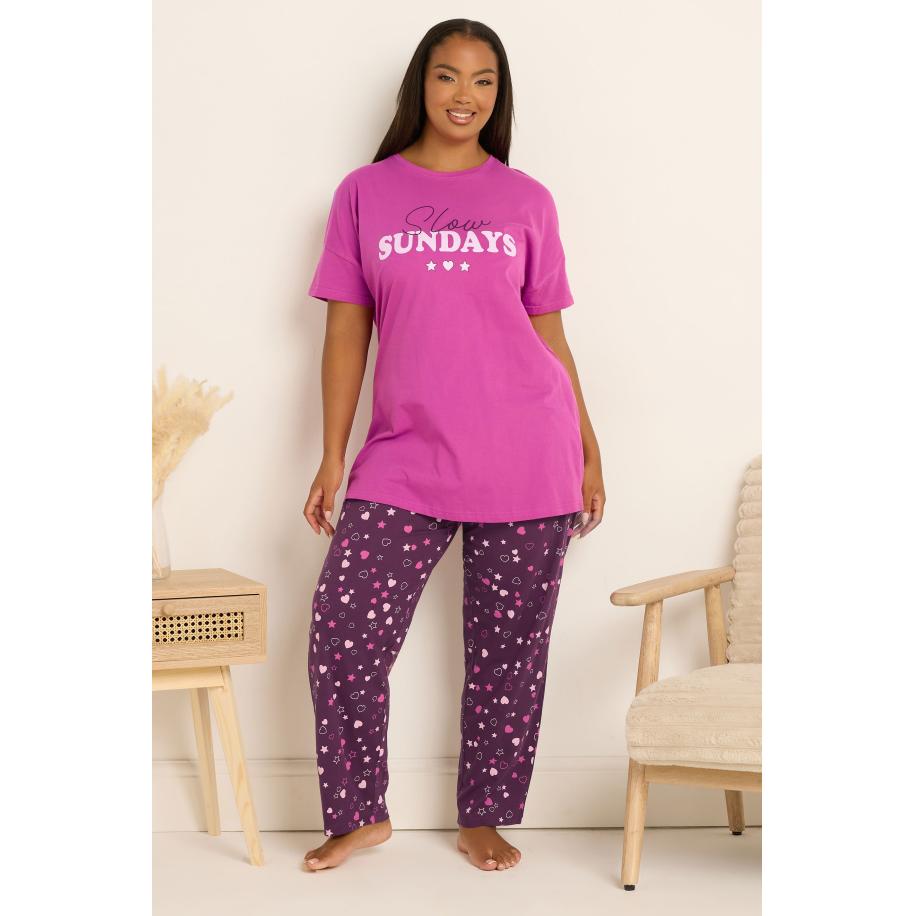 Yours Curve Roze 'Slow Sundays' Hartvormige Wijde Pyjamaset Size 66-68 Roze