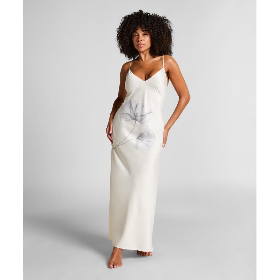 Hunkemöller Lange satijnen slipdress Floral Wit Wit
