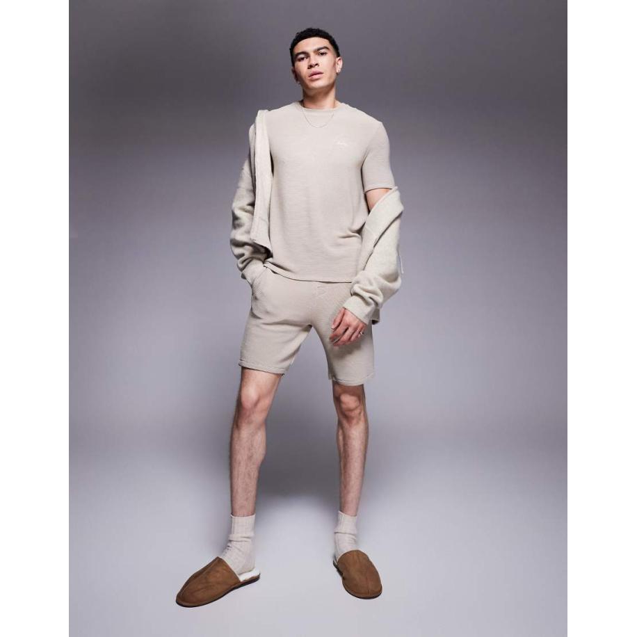 BOSS - Bodywear - Geribbelde short met logo in lichtbeige, deel van co-ord set-Neutraal Multicolor