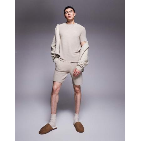 BOSS - Bodywear - Geribbelde short met logo in lichtbeige, deel van co-ord set-Neutraal