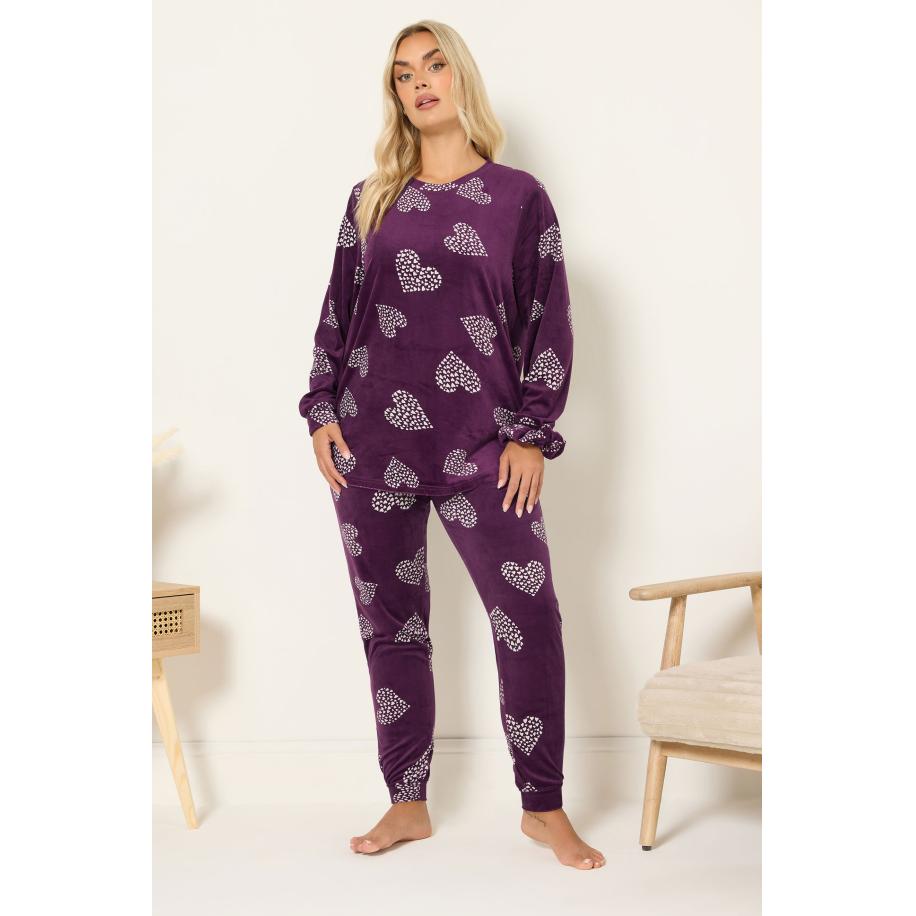 Yours Curve Bordeauxrode Fleece Pyjamaset Met Hartprint En Scrunchie Size 66-68 Rood