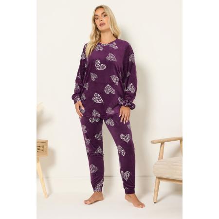 Yours Curve Bordeauxrode Fleece Pyjamaset Met Hartprint En Scrunchie Size 66-68