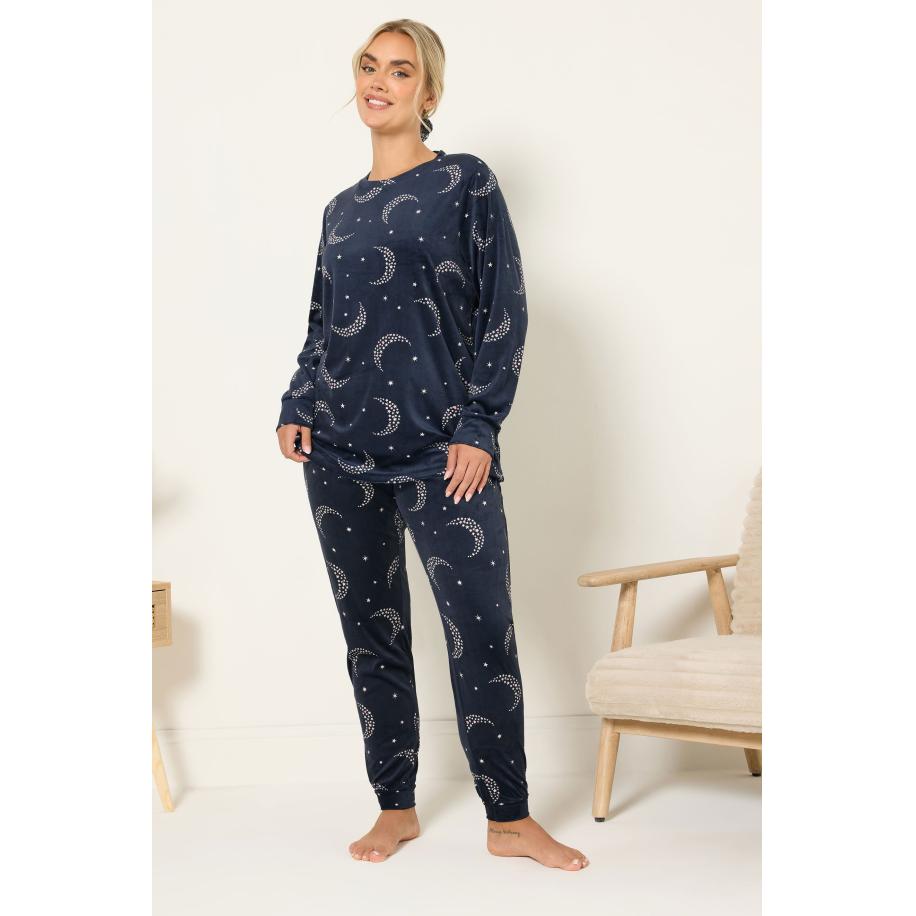 Yours Curve Marineblauwe Maan & Ster Fleece Pyjama & Scrunchie Set Size 66-68 Blauw