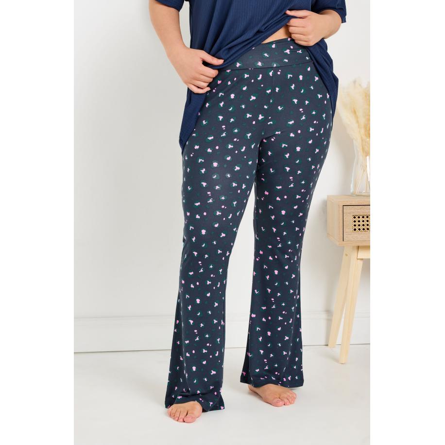 Yours Flared Soft Touch Pyjamabroek Met Luipaardprint In Donkerblauw Size 66-68 Blauw