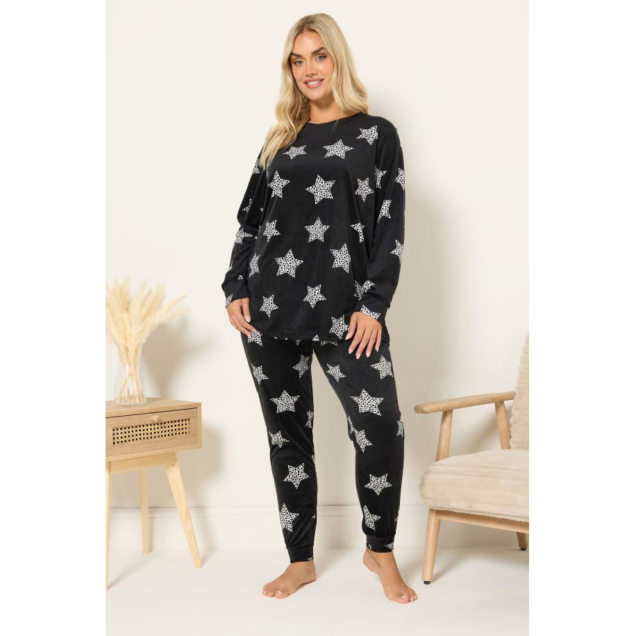 Yours Curve Zwarte Sterrenprint Fleece Pyjama & Scrunchie Set Size 62-64 Blauw
