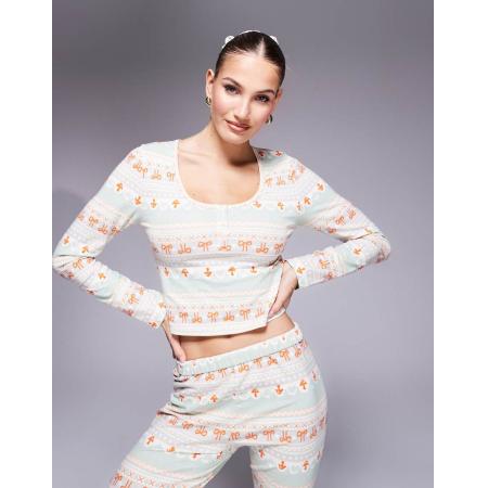 ASOS DESIGN Mix en match Pyjamatop met lange mouwen en scrunchie met Fair Isle-print-Veelkleurig