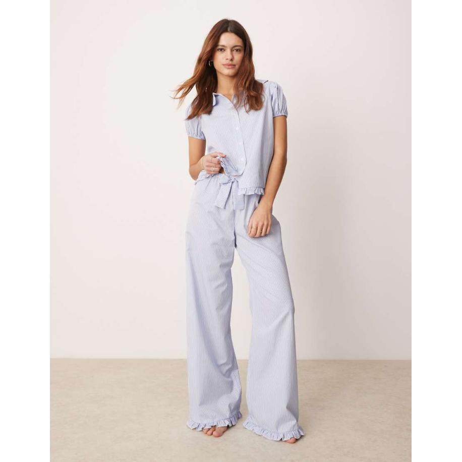 ASOS DESIGN Gestreepte loungebroek met wijde pijpen en ruches aan de zoom in blauw, deel van co-ord set-Veelkleurig Multicolor