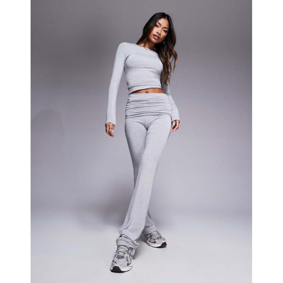 Wanderdoll Emma Flared broek van premium jersey met omgeslagen taille in gemêleerd grijs, deel van co-ord set Grijs