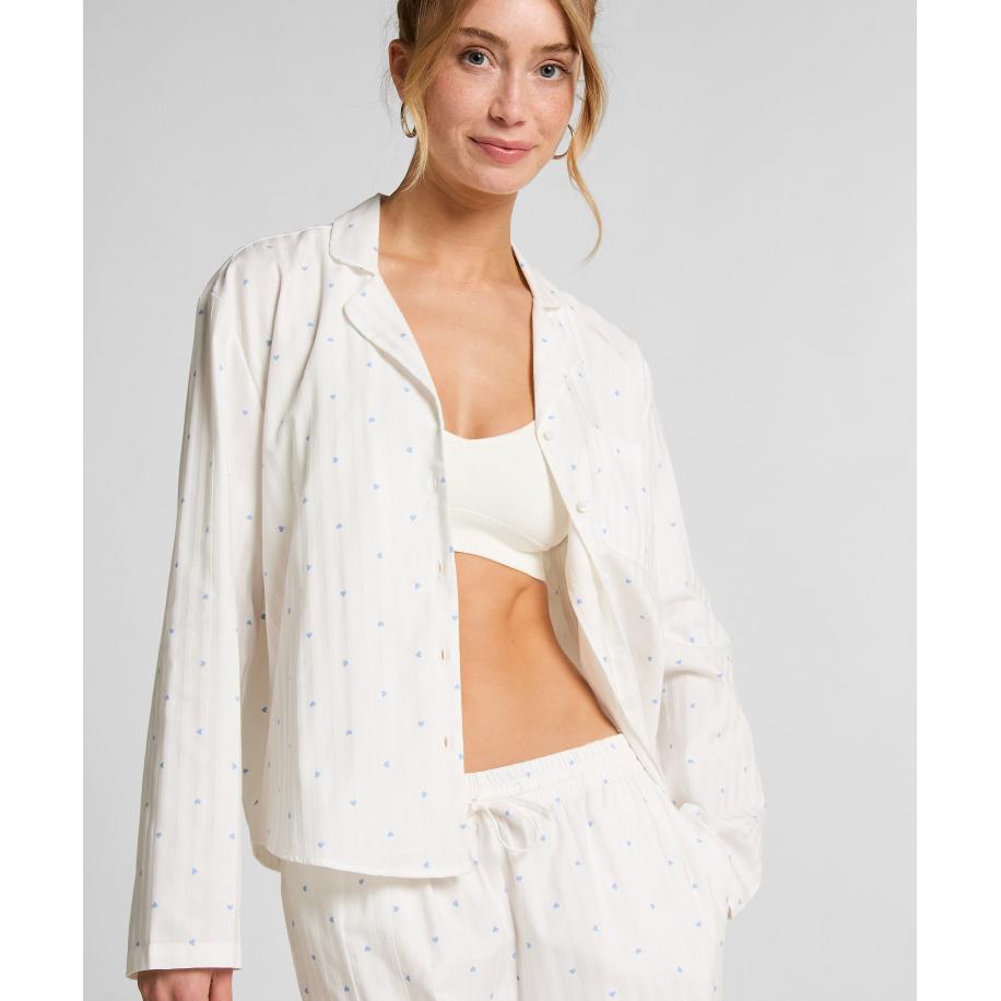 Hunkemöller Jacquard Pyjamashirt met Lange Mouwen Blauw Blauw